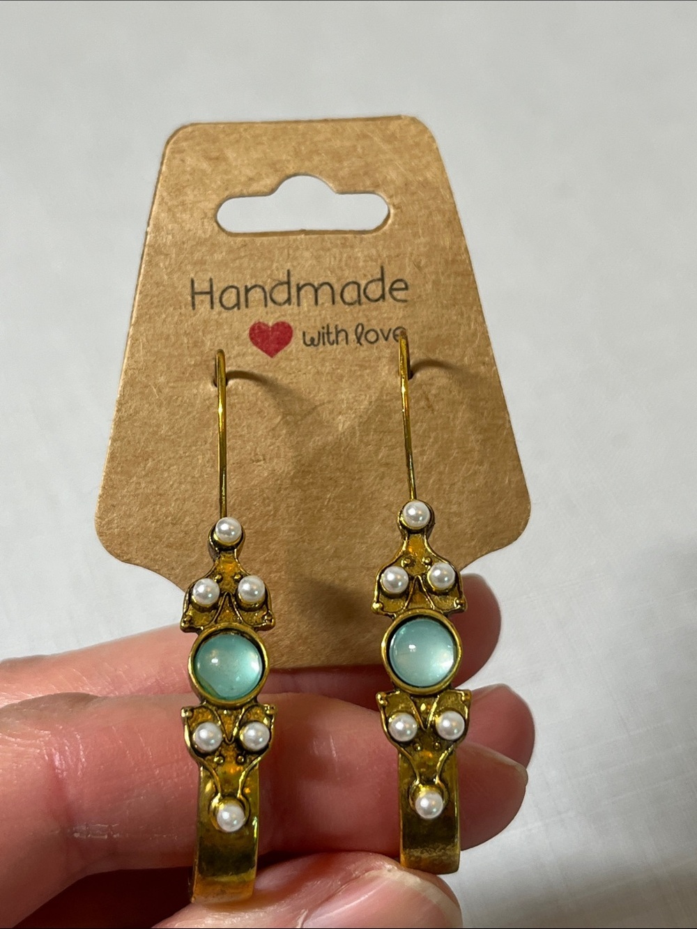 New Handmade Gold-Tone Aqua Drop Earrings with Pearls
Unique. Whimsical